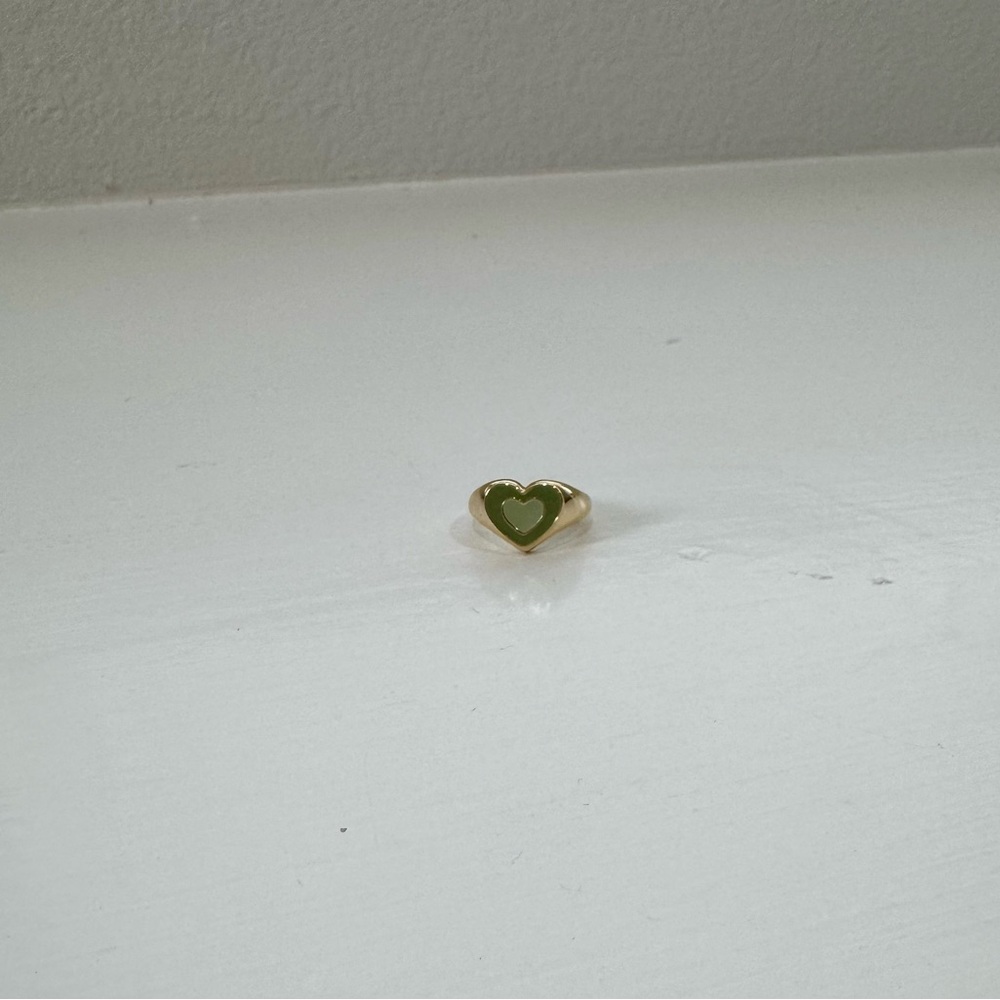 Gold Heart Ring with Green Enamel - Size 5